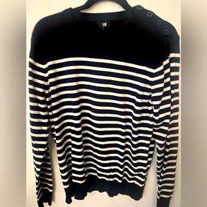 H&M long sleeve navy & white 100% cotton sweater buttons shoulder size M
